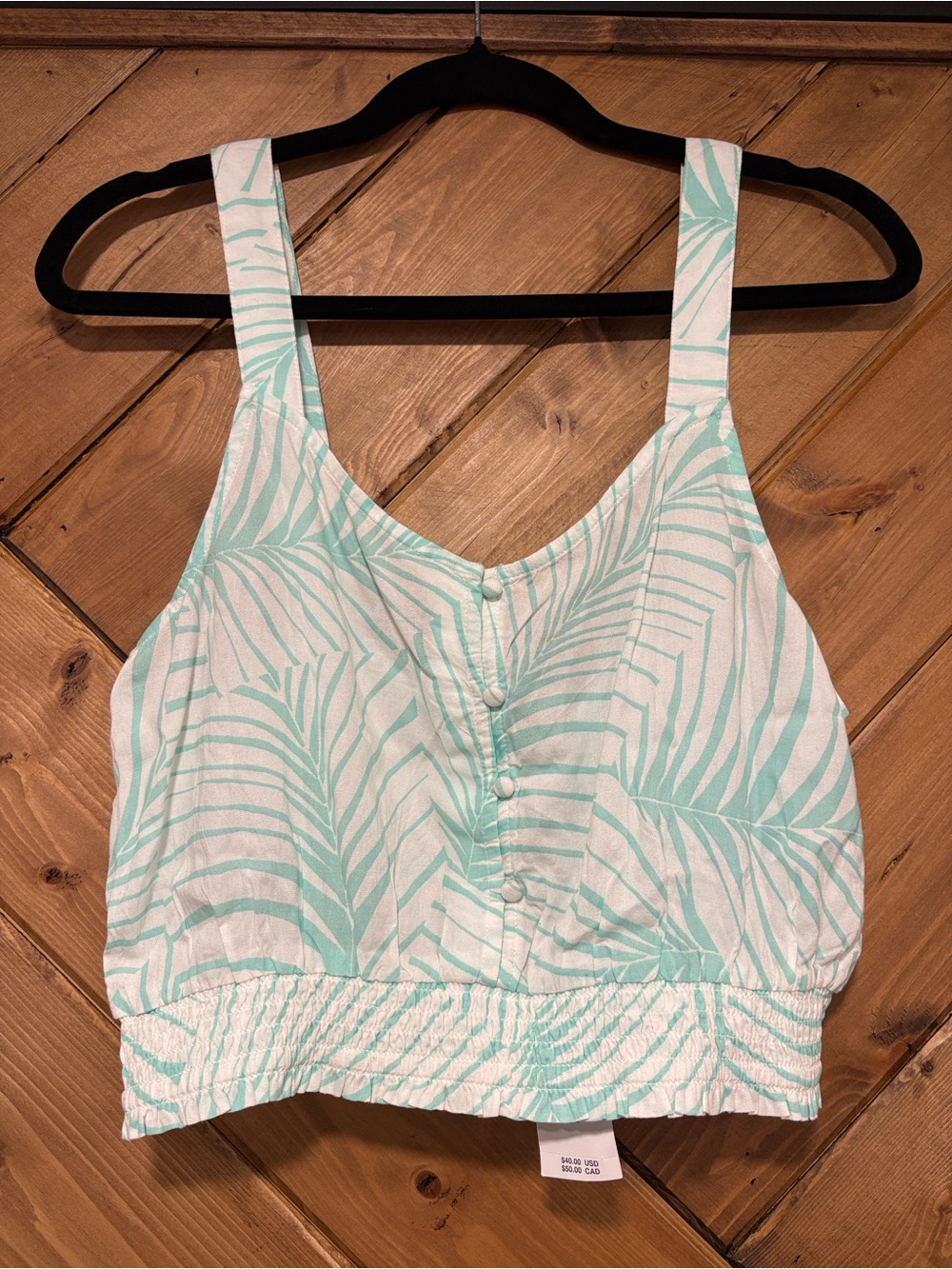 Roxy Sea Fog Mint Palm Leaf Smocked Crop Top NWT XL Boho